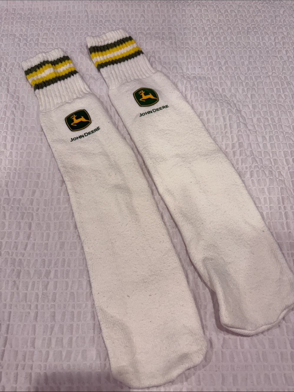 John Deere White Athletic Crew Socks with Green & Yellow Stripes
One size